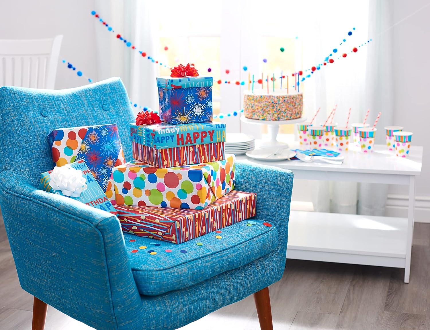 imageAmerican Greetings Birthday Wrapping Paper Kit with Cut Lines Bows and Gift Tags Balloons Candles and Fireworks 7 Bows 30 Gift Tags 4 Rolls 120 sq ftBows and Gift Tags  Balloons  Candles  and Fireworks