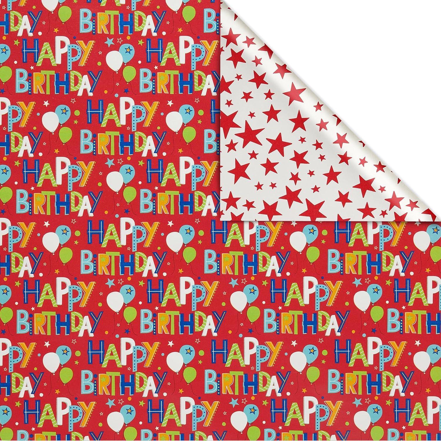 imageAmerican Greetings Birthday Wrapping Paper Kit with Cut Lines Bows and Gift Tags Balloons Candles and Fireworks 7 Bows 30 Gift Tags 4 Rolls 120 sq ftHappy Birthday Lettering and Stars