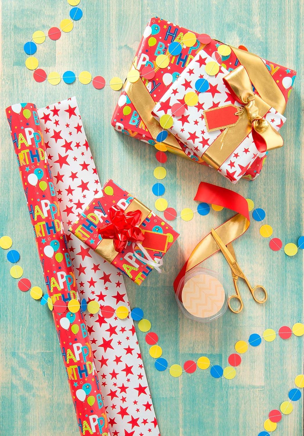 imageAmerican Greetings Birthday Wrapping Paper Kit with Cut Lines Bows and Gift Tags Balloons Candles and Fireworks 7 Bows 30 Gift Tags 4 Rolls 120 sq ftHappy Birthday Lettering and Stars