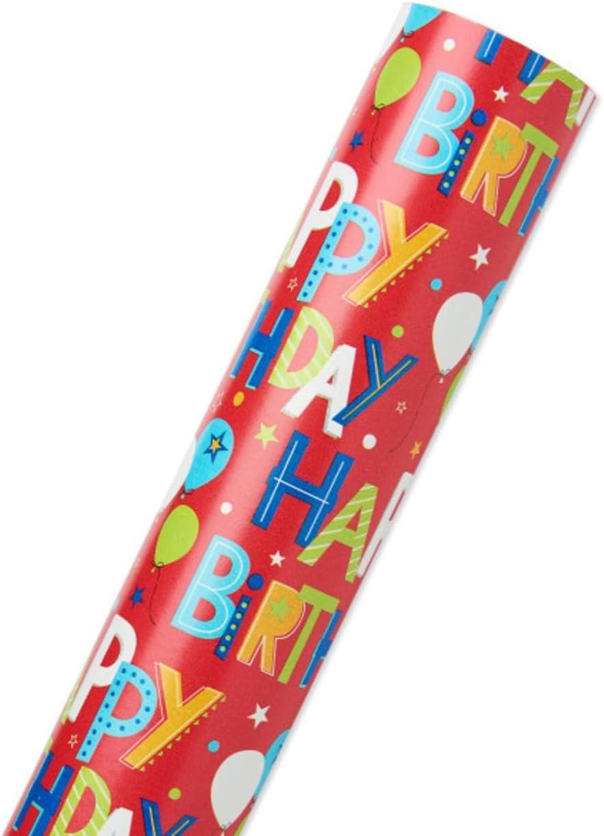 imageAmerican Greetings Birthday Wrapping Paper Kit with Cut Lines Bows and Gift Tags Balloons Candles and Fireworks 7 Bows 30 Gift Tags 4 Rolls 120 sq ftHappy Birthday Lettering and Stars