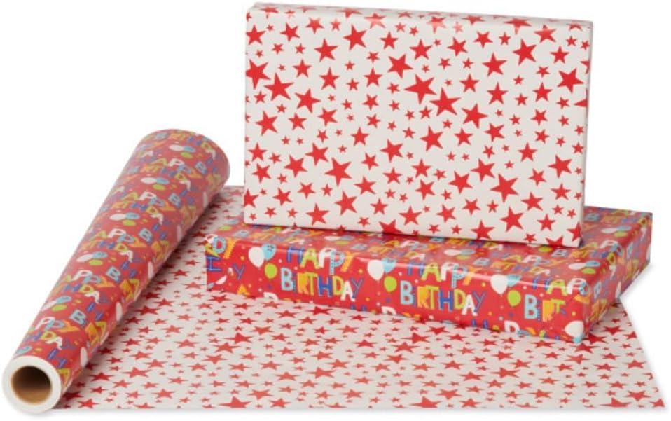 imageAmerican Greetings Birthday Wrapping Paper Kit with Cut Lines Bows and Gift Tags Balloons Candles and Fireworks 7 Bows 30 Gift Tags 4 Rolls 120 sq ftHappy Birthday Lettering and Stars