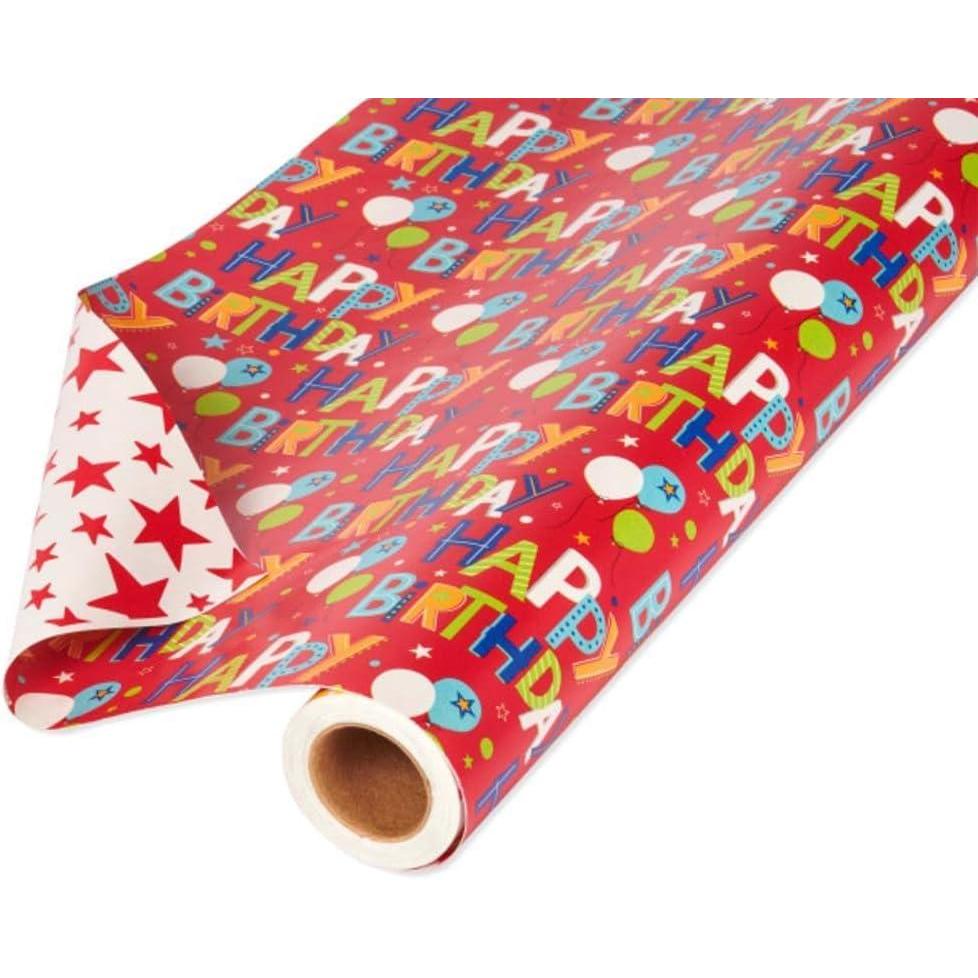 imageAmerican Greetings Birthday Wrapping Paper Kit with Cut Lines Bows and Gift Tags Balloons Candles and Fireworks 7 Bows 30 Gift Tags 4 Rolls 120 sq ftHappy Birthday Lettering and Stars