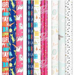 American Greetings Birthday Wrapping Paper Kit with Cut Lines, Bows and Gift Tags, Balloons, Candles, and Fireworks (7 Bows, 30 Gift Tags, 4 Rolls, 120 sq. ft)(Unicorns and Dinosaurs)