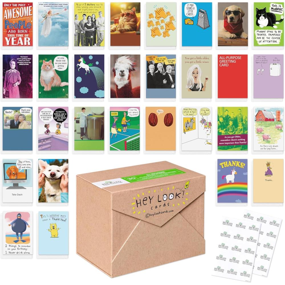imageRecycled Paper Greetings 30Count Funny All Occasion Card Assortment with Envelopes Seals and Storage Box by Hey LookFunny All Occasion Card Assortment