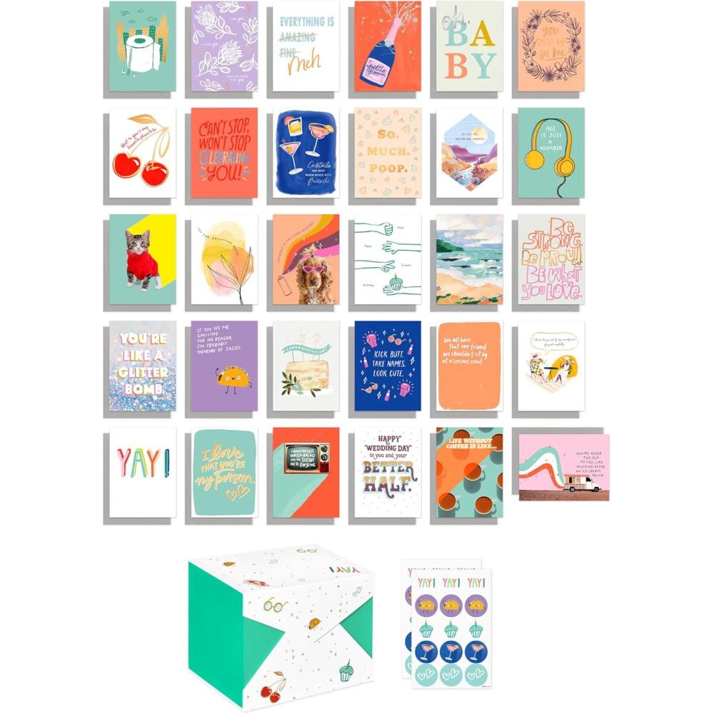 imageRecycled Paper Greetings 30Count Funny All Occasion Card Assortment with Envelopes Seals and Storage Box by Hey LookPAPER REBEL AO 30 CARD BNDL