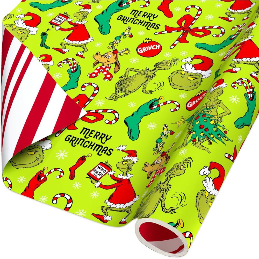 imageAmerican Greetings 40 sq ft Reversible The Grinch Wrapping Paper for Christmas Stripes 1 Roll 30 in x 192 in