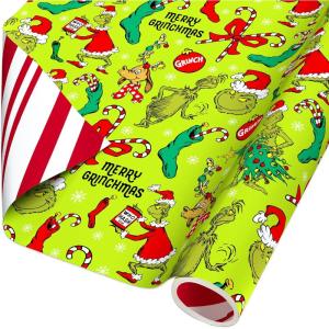 American Greetings 40 sq. ft. Reversible The Grinch Wrapping Paper for Christmas, Stripes (1 Roll, 30 in. x 192 in.)