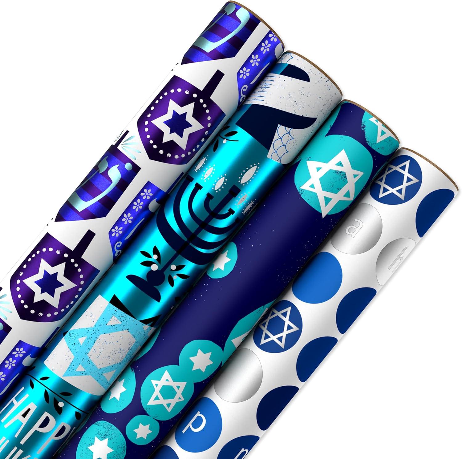 imageAmerican Greetings Reversible Hanukkah Wrapping Paper Dreidel Menorah and Star of David 4 Roll 120 Sq Ft4R 30 120SQ P F R ECOM HANUKKAH