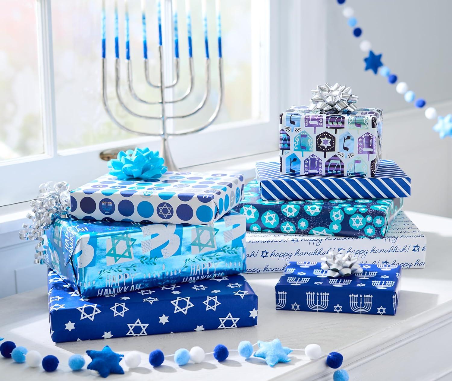 imageAmerican Greetings Reversible Hanukkah Wrapping Paper Dreidel Menorah and Star of David 4 Roll 120 Sq Ft4R 30 120SQ P F R ECOM HANUKKAH