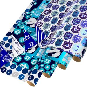 American Greetings Reversible Hanukkah Wrapping Paper, Dreidel, Menorah and Star of David (4 Roll, 120 Sq. Ft.)(4R 30 120SQ P F R ECOM HANUKKAH)