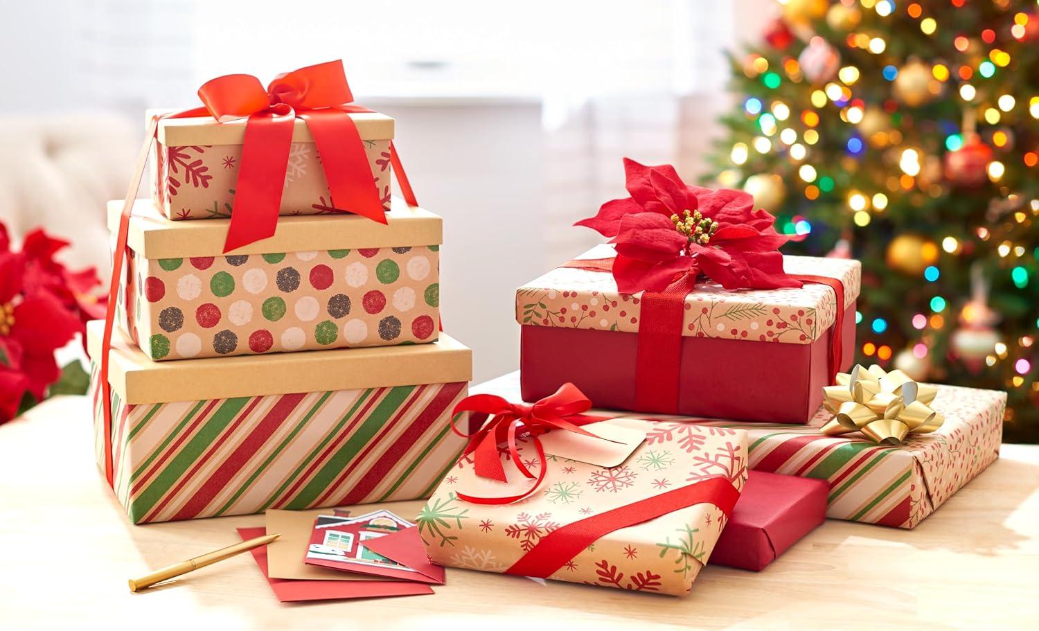 imageAmerican Greetings Vintage Kraft Christmas Wrapping Paper Rolls Red Green and Brown Kraft Holiday Gift Wrap 80 sq ft 4 Rolls30 in x 8 ft Holly Berries Stripes Dots SnowflakesRed Green and Kraft