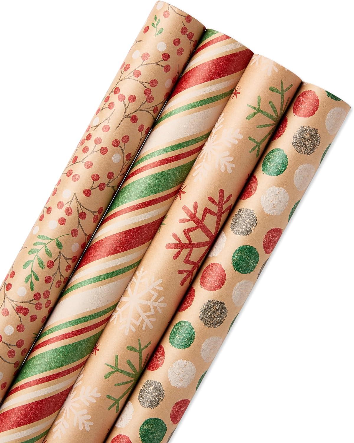 imageAmerican Greetings Vintage Kraft Christmas Wrapping Paper Rolls Red Green and Brown Kraft Holiday Gift Wrap 80 sq ft 4 Rolls30 in x 8 ft Holly Berries Stripes Dots SnowflakesRed Green and Kraft
