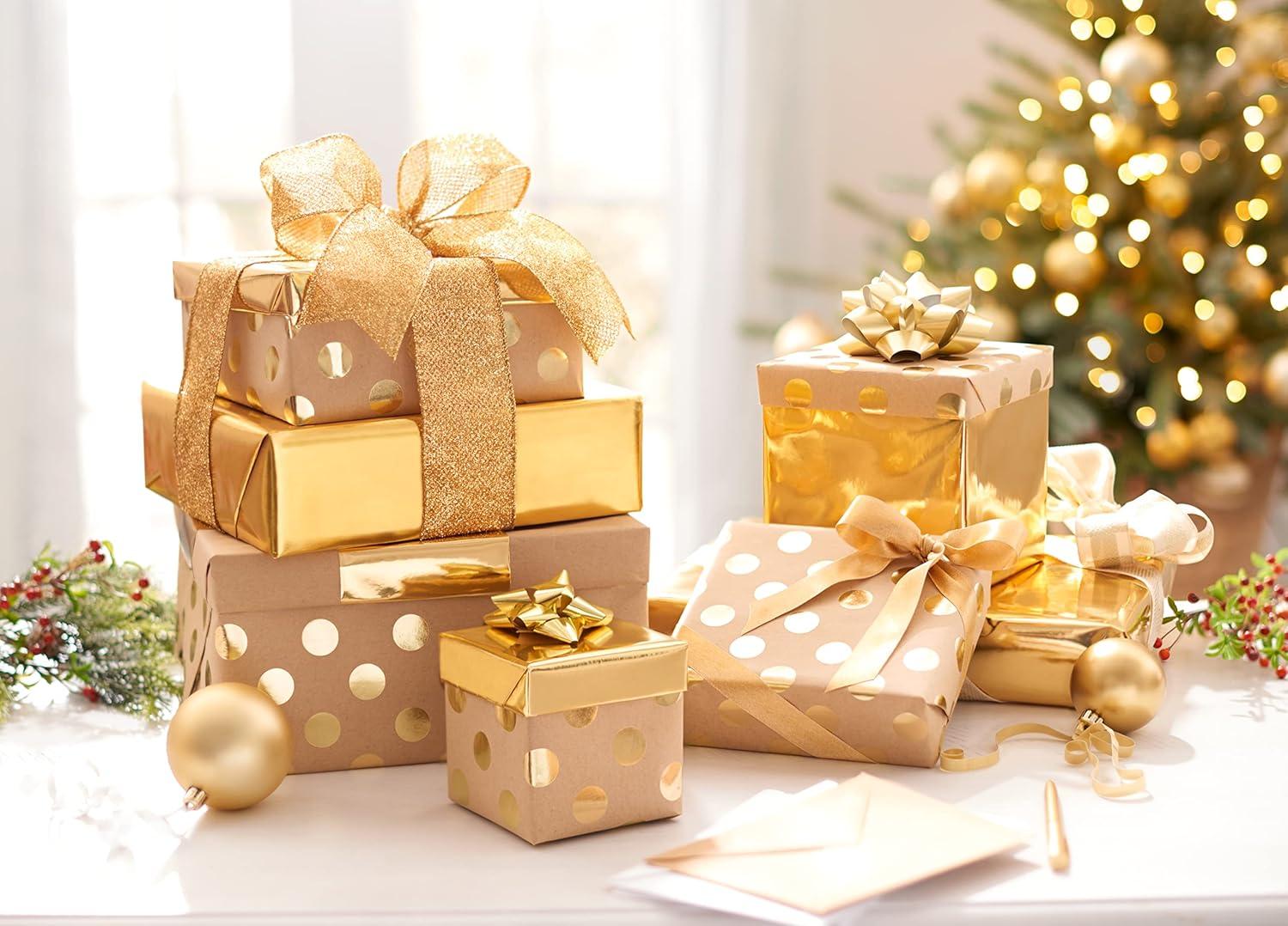 imageAmerican Greetings Vintage Kraft Christmas Wrapping Paper Rolls Red Green and Brown Kraft Holiday Gift Wrap 80 sq ft 4 Rolls30 in x 8 ft Holly Berries Stripes Dots SnowflakesKraft and Gold Polka Dots