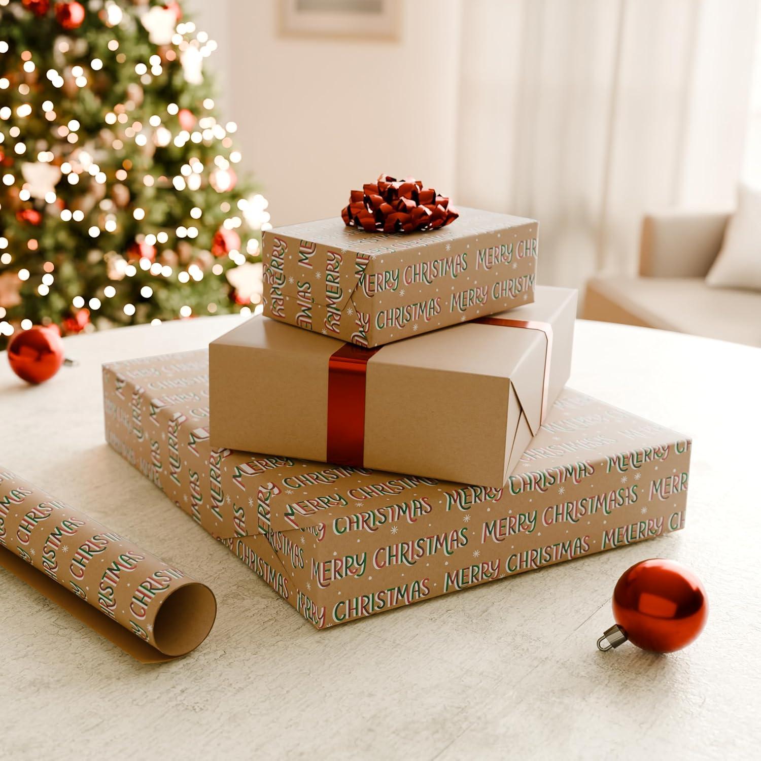 imageAmerican Greetings Vintage Kraft Christmas Wrapping Paper Rolls Red Green and Brown Kraft Holiday Gift Wrap 80 sq ft 4 Rolls30 in x 8 ft Holly Berries Stripes Dots SnowflakesKraft Holiday