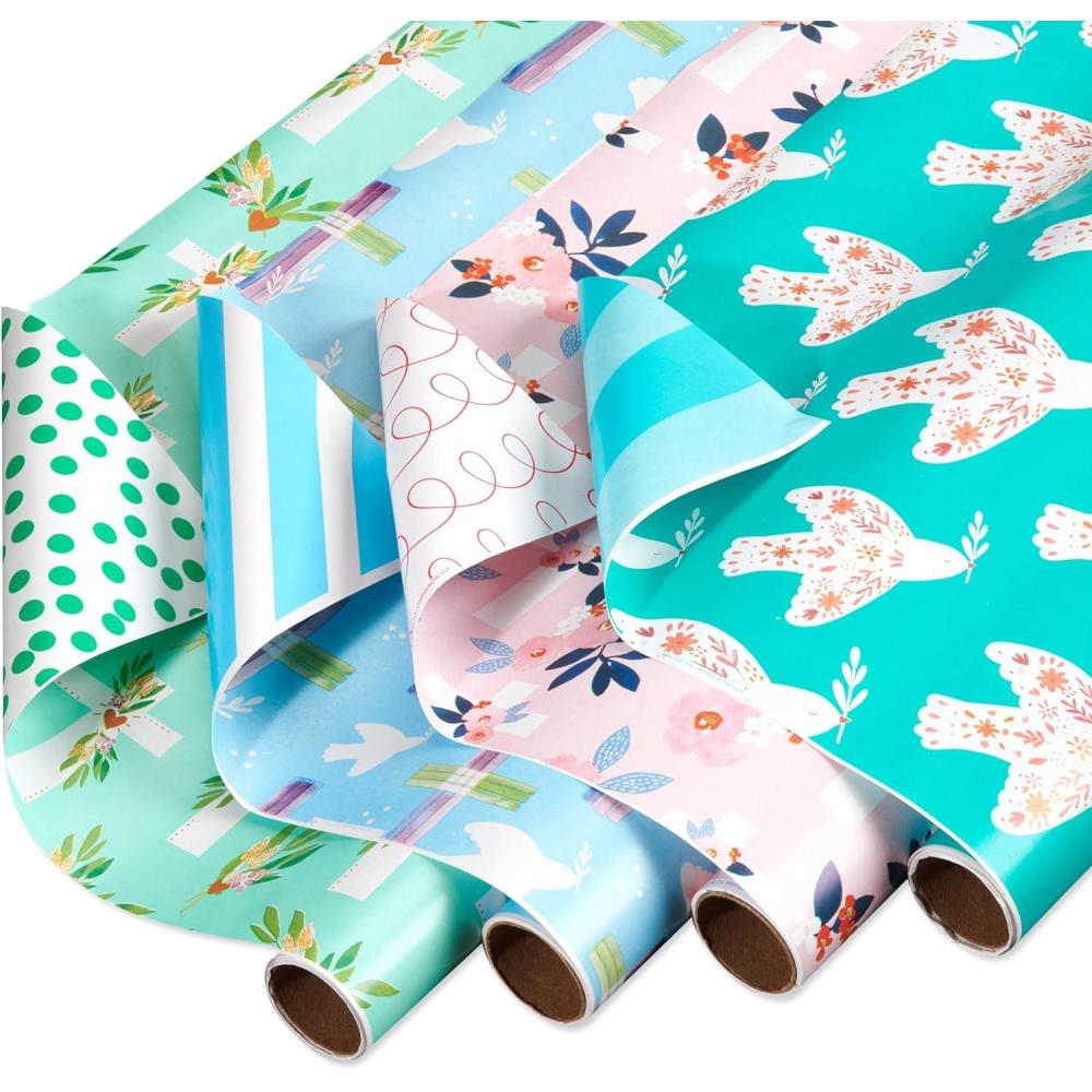imageAmerican Greetings 160 sq ft Reversible Religious Wrapping Paper Bundle for Weddings First Communions and Baptisms  Designed by Kathy Davis White Doves Floral Religious Lettering 4 Rolls 30 in x 16 ftReligious Cross  Doves and Stripes