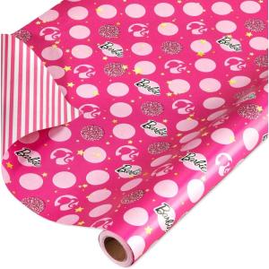 American Greetings 75 sq. ft. Reversible Barbie Wrapping Paper for Birthdays and All Occasions, Stars, Polka Dots and Stripes (1 Roll, 30 in. x 30 ft.)