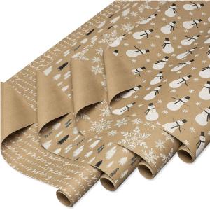 American Greetings Vintage Kraft Christmas Wrapping Paper Rolls, Red, Green and Brown Kraft Holiday Gift Wrap (80 sq. ft., 4 Rolls-30 in. x 8 ft.) Holly Berries, Stripes, Dots, Snowflakes(4R30 80SQ KRAFT XM BLACK WHITE)