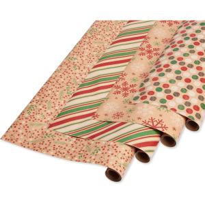 American Greetings Vintage Kraft Christmas Wrapping Paper Rolls, Red, Green and Brown Kraft Holiday Gift Wrap (80 sq. ft., 4 Rolls-30 in. x 8 ft.) Holly Berries, Stripes, Dots, Snowflakes(Red  Green and Kraft)