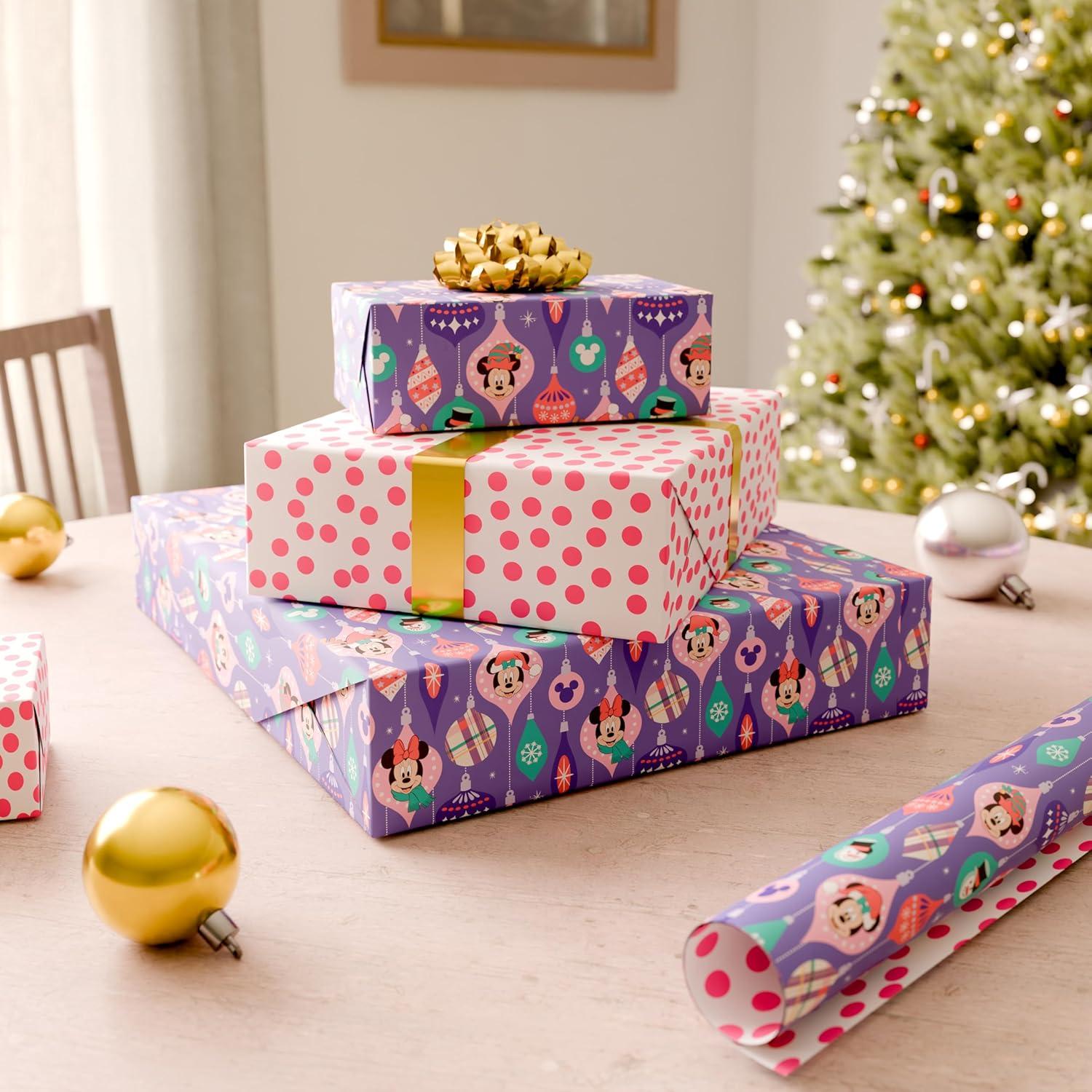 imageAmerican Greetings Disney Christmas Wrapping Paper Rolls with Minnie Mouse Pink and Purple Holiday Gift Wrap 40 sq ft 1 Reversible Roll30 in x 16 ft Minnie Mickey Snowmen OrnamentsMinnie Mouse and Friends