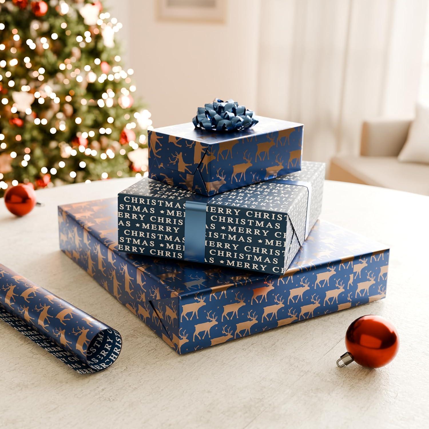 imageAmerican Greetings Foil Christmas Wrapping Paper Roll Metallic Blue and White Holiday Gift Wrap 30 sq ft 1 Reversible Roll30 in x 12 ft Polka Dots and JoyRose Gold and Navy