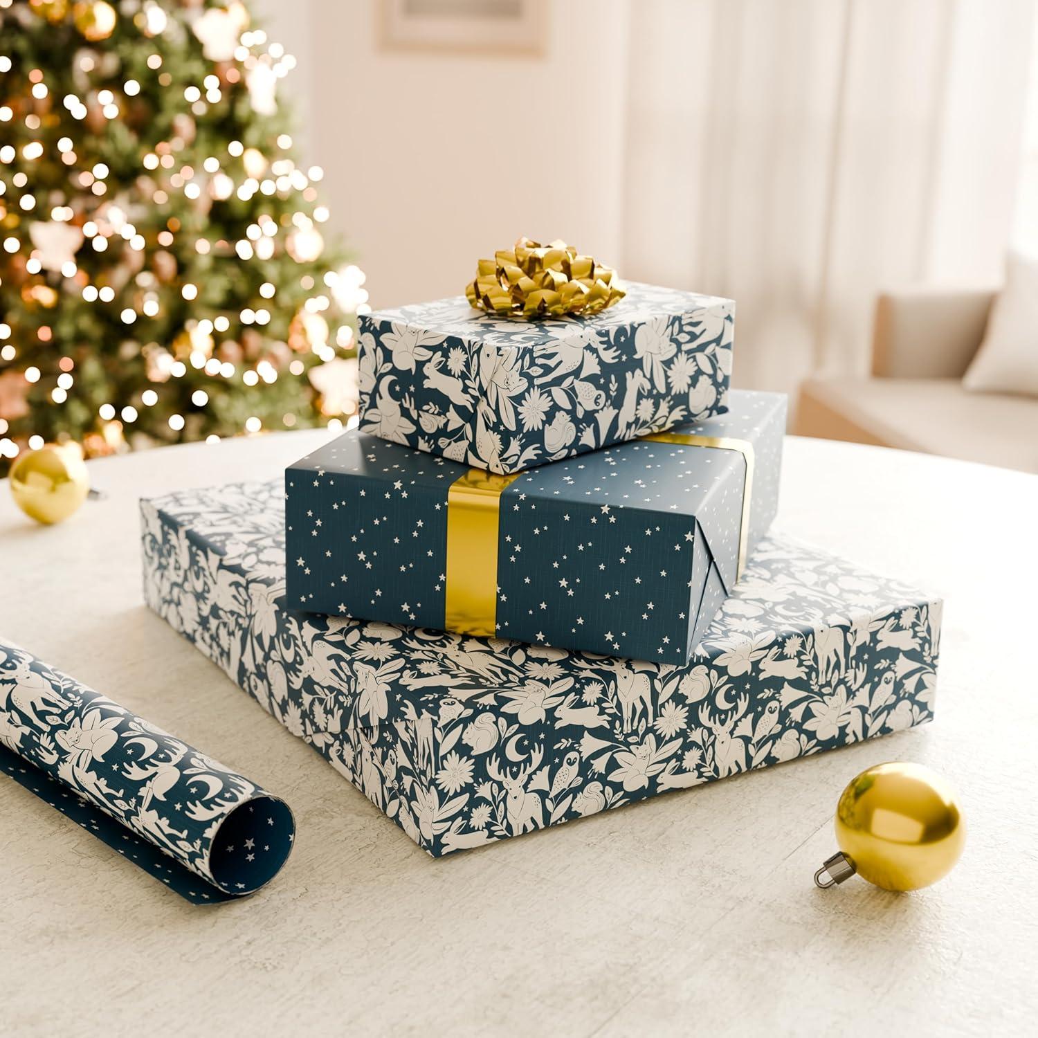 imageAmerican Greetings Reversible Cottagecore Christmas Wrapping Paper Roll Red and White Holiday Gift Wrap 60 sq ft 1 Standard Roll Wrap30 in x 24 ft Cabin in the Woods with ReindeerNavy Woodland Creatures