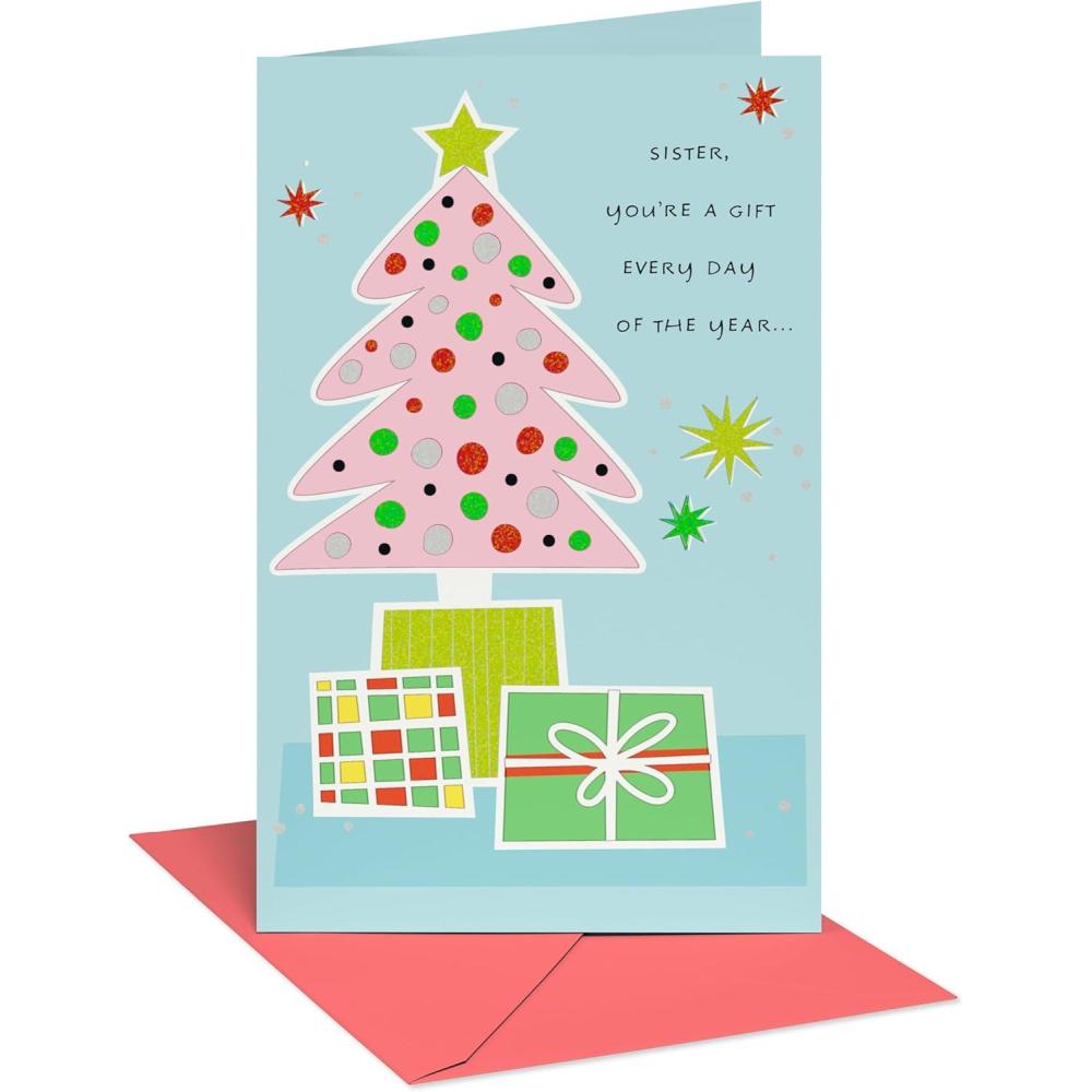 imageAmerican Greetings Merry Christmas Card for Sister from Sister or Brother Even More GratefulBright Layered Trees