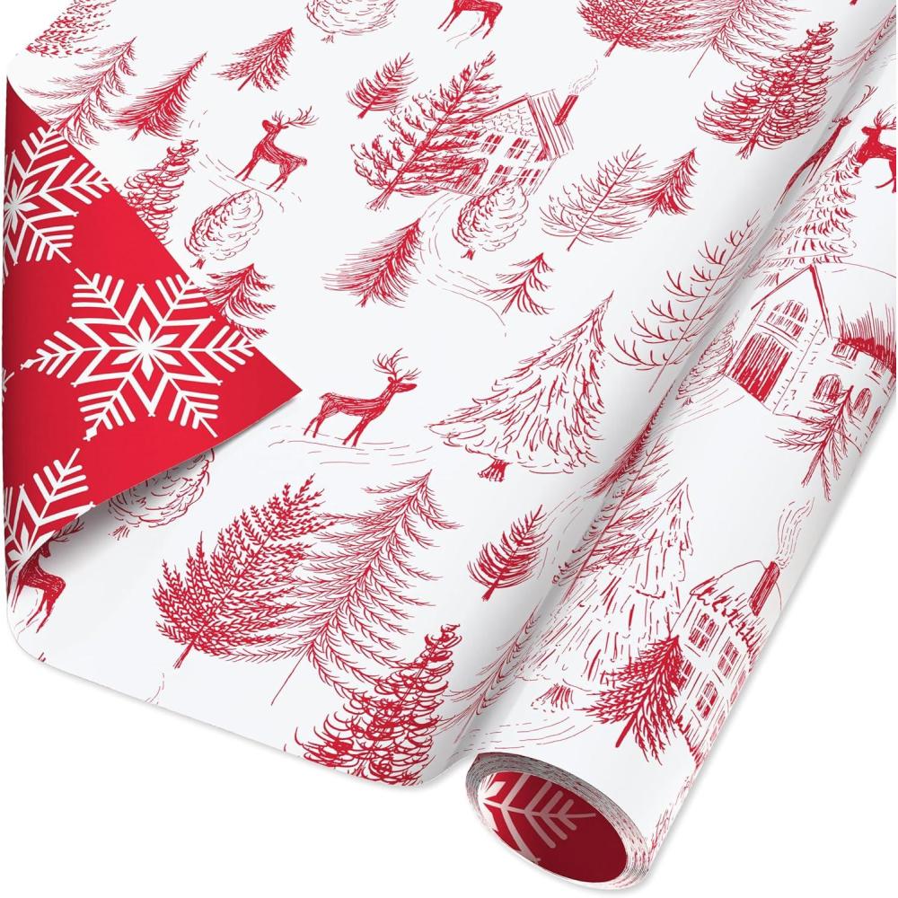 imageAmerican Greetings Reversible Cottagecore Christmas Wrapping Paper Roll Red and White Holiday Gift Wrap 60 sq ft 1 Standard Roll Wrap30 in x 24 ft Cabin in the Woods with ReindeerRed Cottagecore