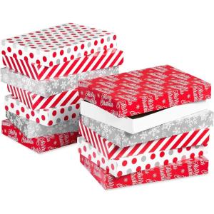 American Greetings 10-Count Assorted Christmas Gift Boxes with Lids, Happy Holidays (6 Shirt Boxes 9.5 in. x 14.75 in., 4 Robe Boxes 11 in. x 17 in.)(12 SHIRT BOXES XMAS RED SILVER)