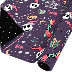 American Greetings Disney Christmas Wrapping Paper Rolls with Minnie Mouse, Pink and Purple Holiday Gift Wrap (40 sq. ft., 1 Reversible Roll-30 in. x 16 ft.) Minnie, Mickey, Snowmen, Ornaments(Jack Skellington Black)