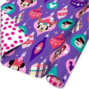 American Greetings Disney Christmas Wrapping Paper Rolls with Minnie Mouse, Pink and Purple Holiday Gift Wrap (40 sq. ft., 1 Reversible Roll-30 in. x 16 ft.) Minnie, Mickey, Snowmen, Ornaments(Minnie Mouse and Friends)