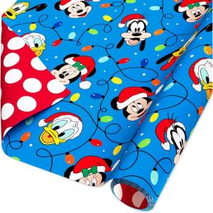 American Greetings Disney Christmas Wrapping Paper Rolls with Minnie Mouse, Pink and Purple Holiday Gift Wrap (40 sq. ft., 1 Reversible Roll-30 in. x 16 ft.) Minnie, Mickey, Snowmen, Ornaments(Mickey Mouse and Friends)