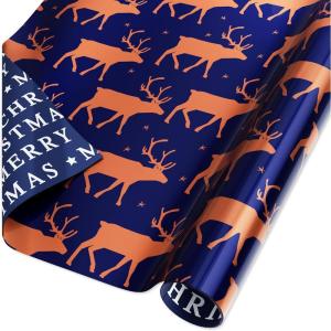 American Greetings Foil Christmas Wrapping Paper Roll, Metallic Blue and White Holiday Gift Wrap (30 sq. ft., 1 Reversible Roll-30 in. x 12 ft.) Polka Dots and Joy(Rose Gold and Navy)
