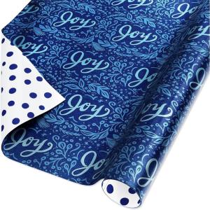 American Greetings Foil Christmas Wrapping Paper Roll, Metallic Blue and White Holiday Gift Wrap (30 sq. ft., 1 Reversible Roll-30 in. x 12 ft.) Polka Dots and Joy(Shiny Blue and White)