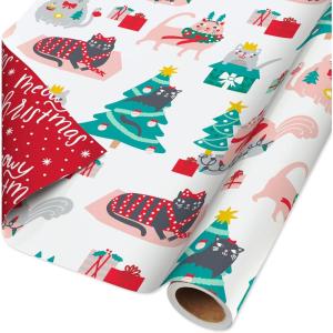 American Greetings Jumbo Reversible Christmas Wrapping Paper Roll, Puppy Dogs and Santa Paws Holiday Gift Wrap (175 sq. ft., 1 Extra Large Roll-30 in. x 70 ft.) Mint Green, Red, and White(SR30 175SQ PR FSC XM CATS)