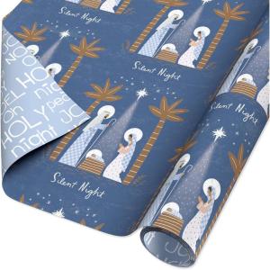 American Greetings Religious Christmas Wrapping Paper Roll, Navy Blue and White Holiday Gift Wrap (60 sq. ft., 1 Reversible Roll) Angel of Peace(Nativity Scene)