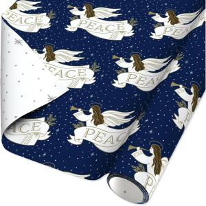 American Greetings Religious Christmas Wrapping Paper Roll, Navy Blue and White Holiday Gift Wrap (60 sq. ft., 1 Reversible Roll) Angel of Peace(Navy Blue Religious)