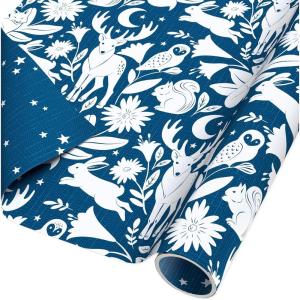 American Greetings Reversible Cottagecore Christmas Wrapping Paper Roll, Red and White Holiday Gift Wrap (60 sq. ft., 1 Standard Roll Wrap-30 in. x 24 ft.) Cabin in the Woods with Reindeer(Navy Woodland Creatures)