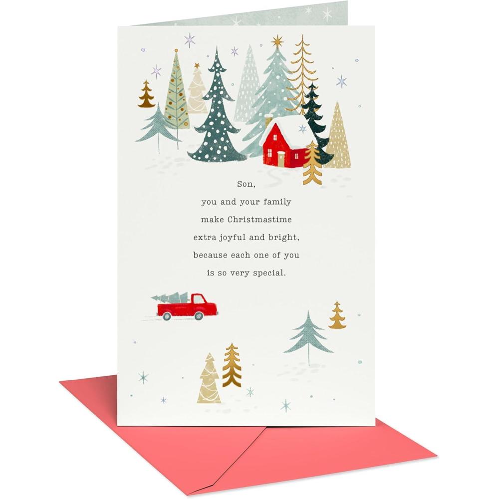 imageAmerican Greetings Christmas Card for Son and Family Sentimental Holiday Greeting with Modern Winter Trees Design As Special As YouTrees And Truck