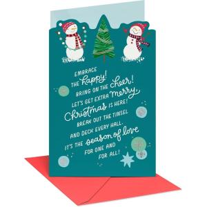 American Greetings Christmas Card for Son and Wife (Both so Great)(Snowman Couple with Tree)