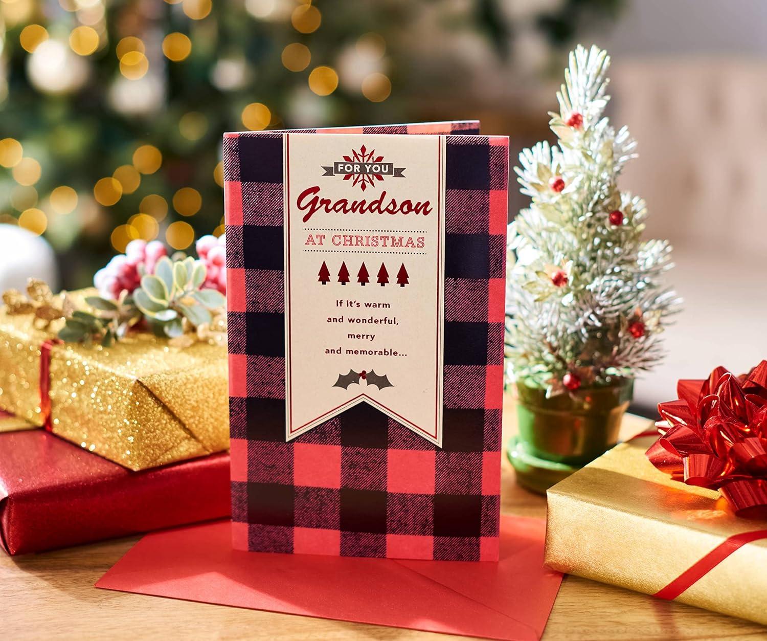 imageAmerican Greetings Christmas Card for Grandson Red and Black Buffalo Plaid Holiday Greeting for Grandchild Merry and MemorableMerry and Memorable