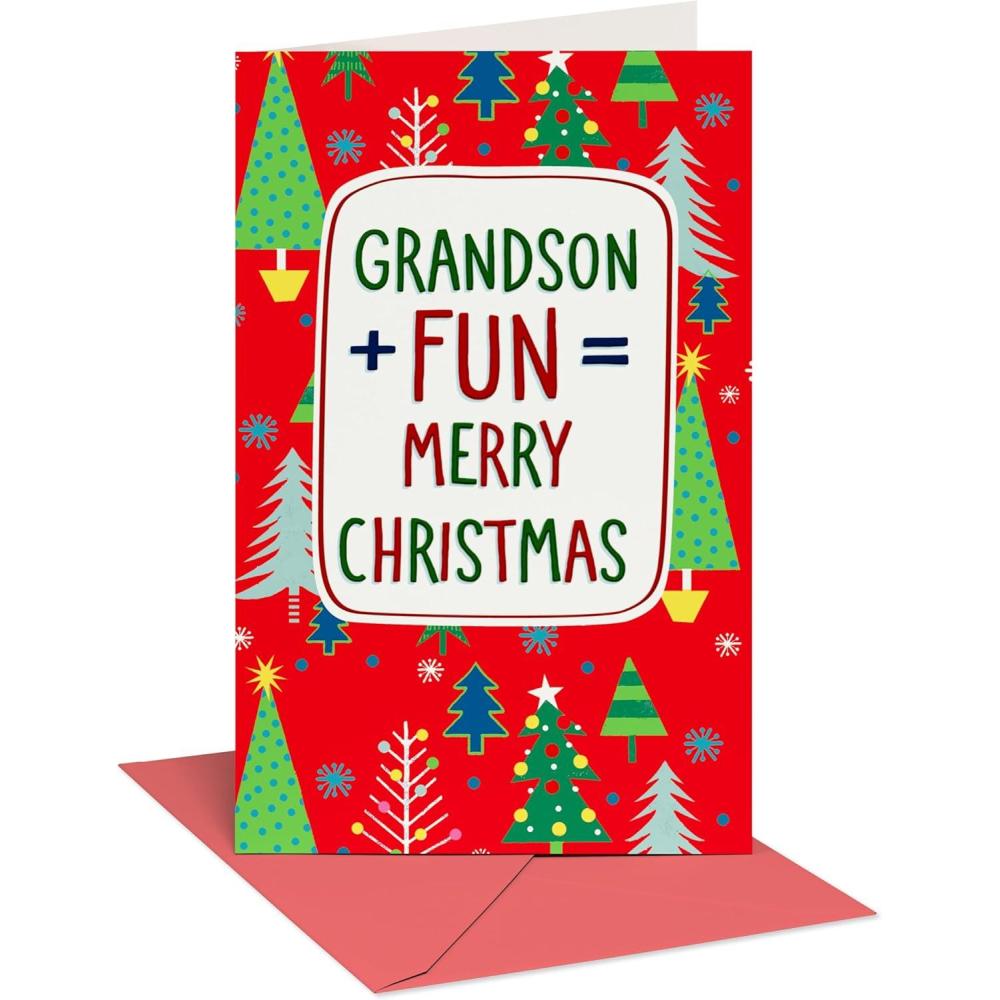 imageAmerican Greetings Christmas Card for Grandson Red and Black Buffalo Plaid Holiday Greeting for Grandchild Merry and MemorableLettering w Tree Pattern