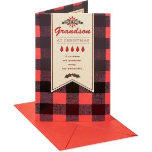 American Greetings Christmas Card for Grandson, Red and Black Buffalo Plaid Holiday Greeting for Grandchild (Merry and Memorable)(Merry and Memorable)
