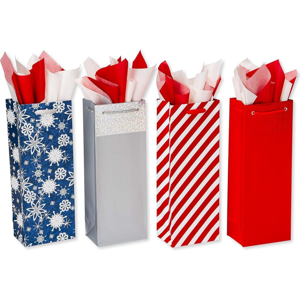 imageAmerican Greetings Red Gift Bags with Tissue Paper 4 Bags 2 Large 13quot 2 Medium 10quot Bag 15SheetsHoliday Designs