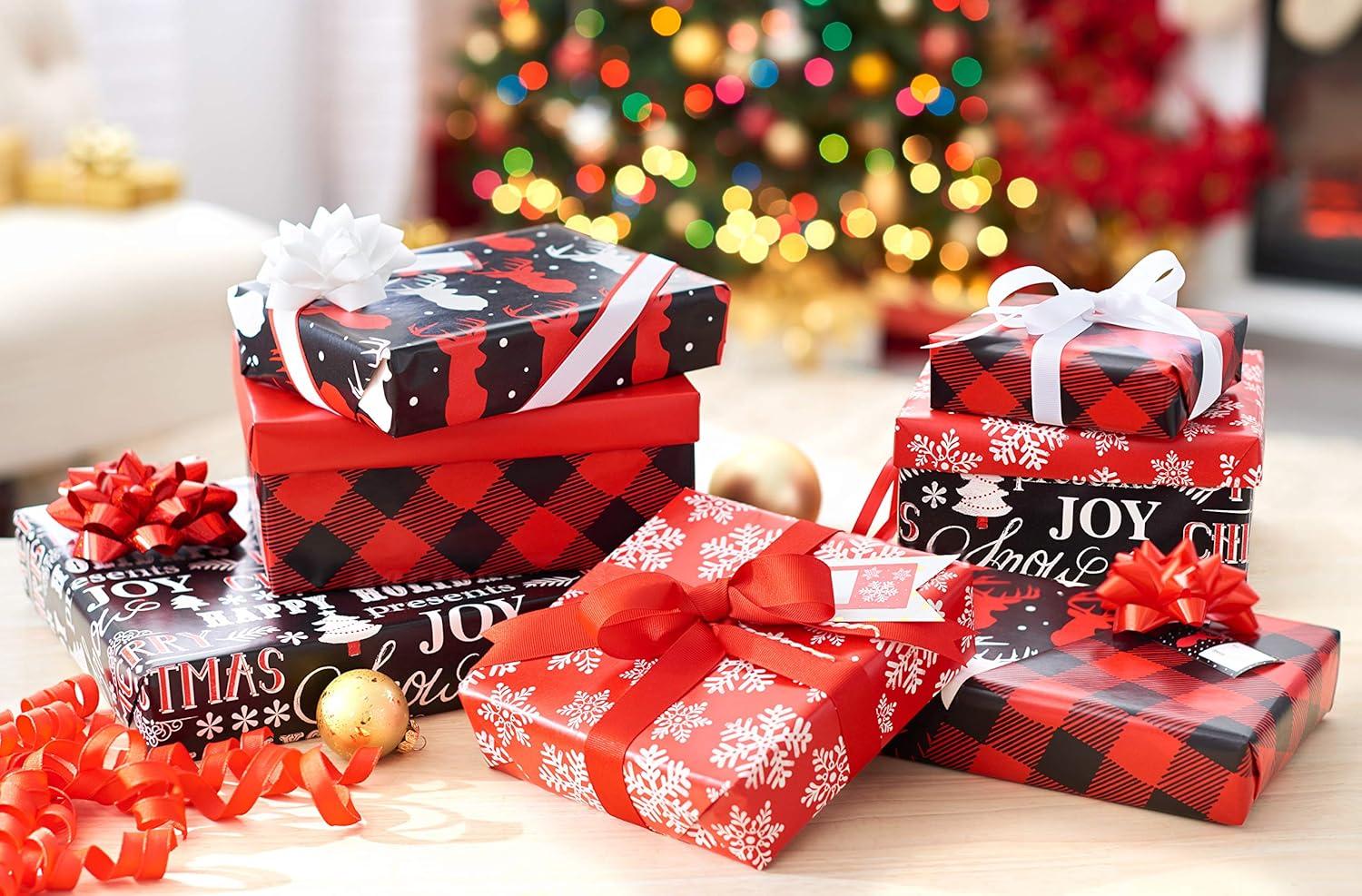 imageAmerican Greetings Christmas Wrapping Paper Red and Black Buffalo Plaid Holiday Gift Wrap Set 120 sqft 4 rolls30 in x 12 ft 7 Adhesive Bows 30 Gift Tag Stickers Rustic Snowflakes Reindeer