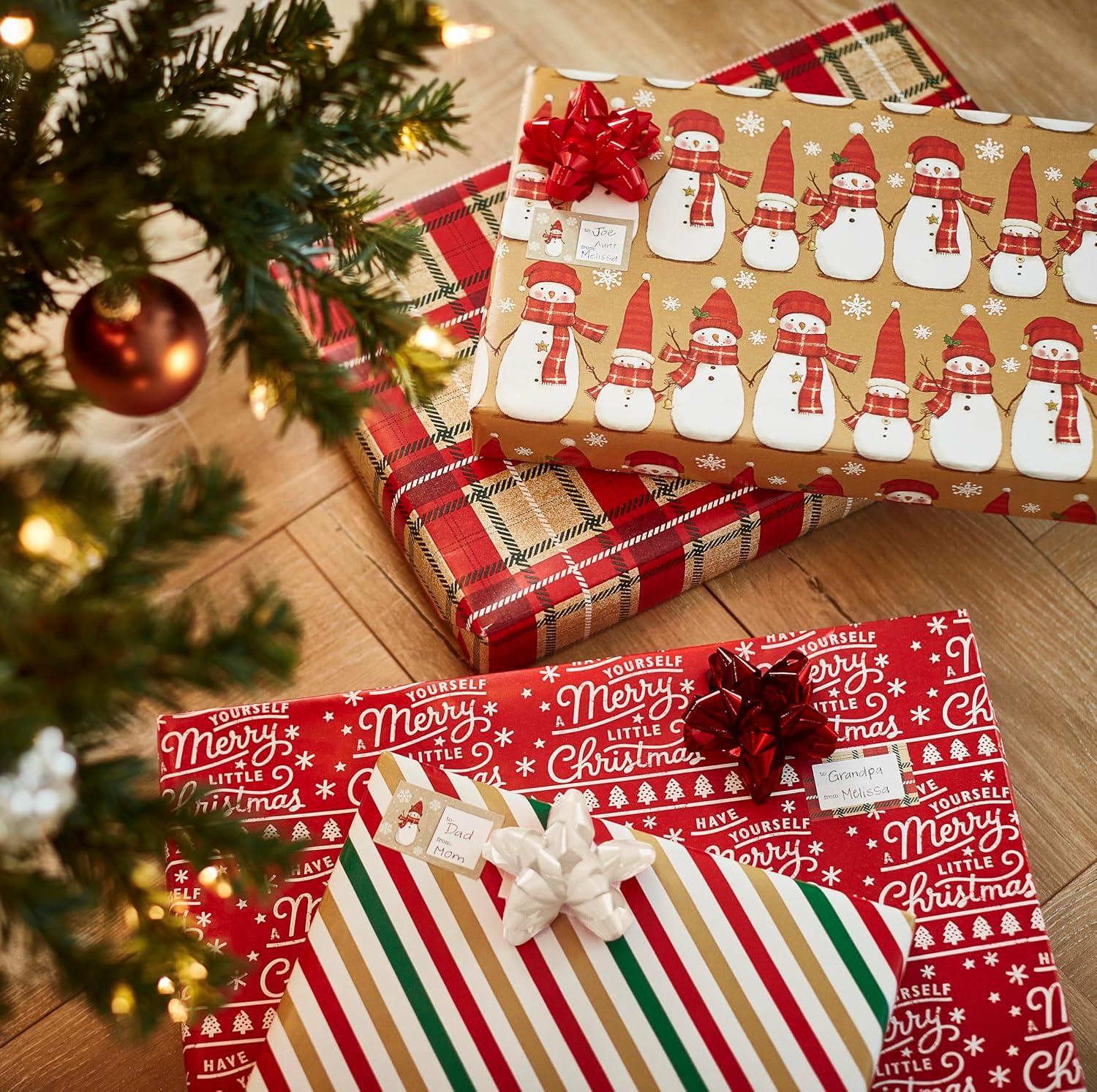 imageAmerican Greetings Christmas Wrapping Paper Set Red and Tan Brown Holiday Gift Wrap 120 sq ft 4 rolls30 in x 12 ft 7 Adhesive Bows 30 Gift Tag Stickers Plaid Stripes and SnowmenBrown Red White Green