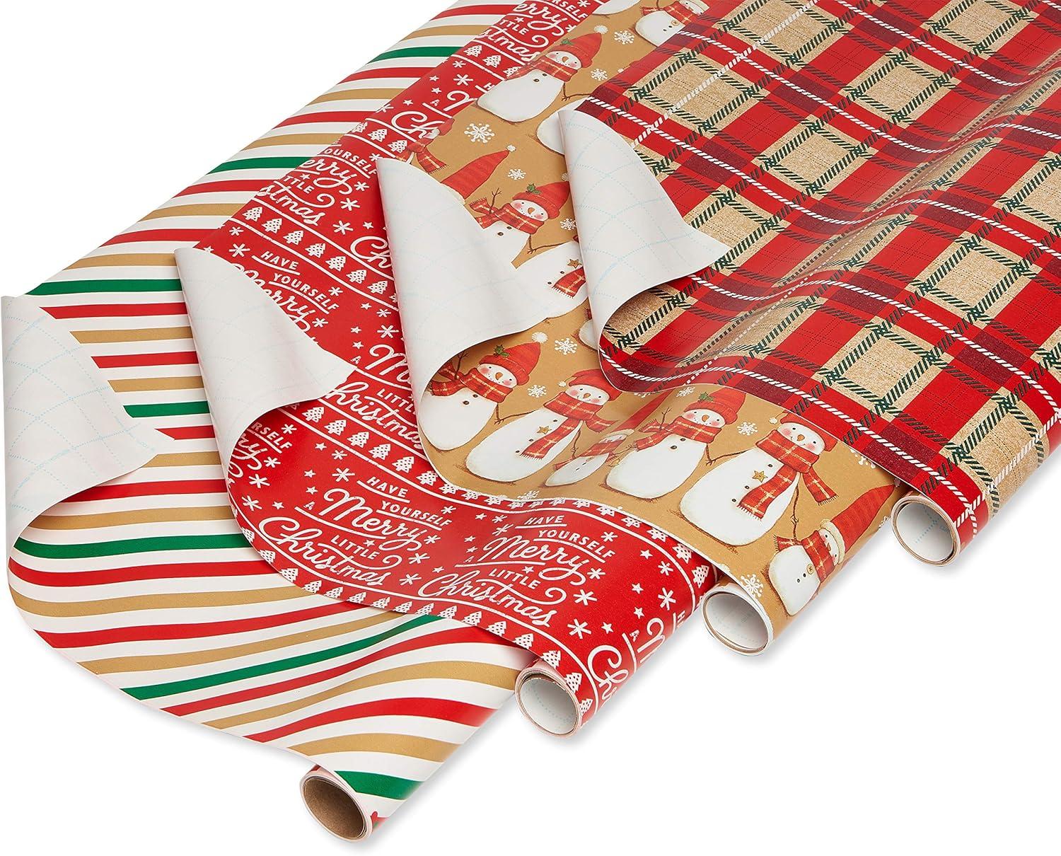 imageAmerican Greetings Christmas Wrapping Paper Set Red and Tan Brown Holiday Gift Wrap 120 sq ft 4 rolls30 in x 12 ft 7 Adhesive Bows 30 Gift Tag Stickers Plaid Stripes and SnowmenBrown Red White Green