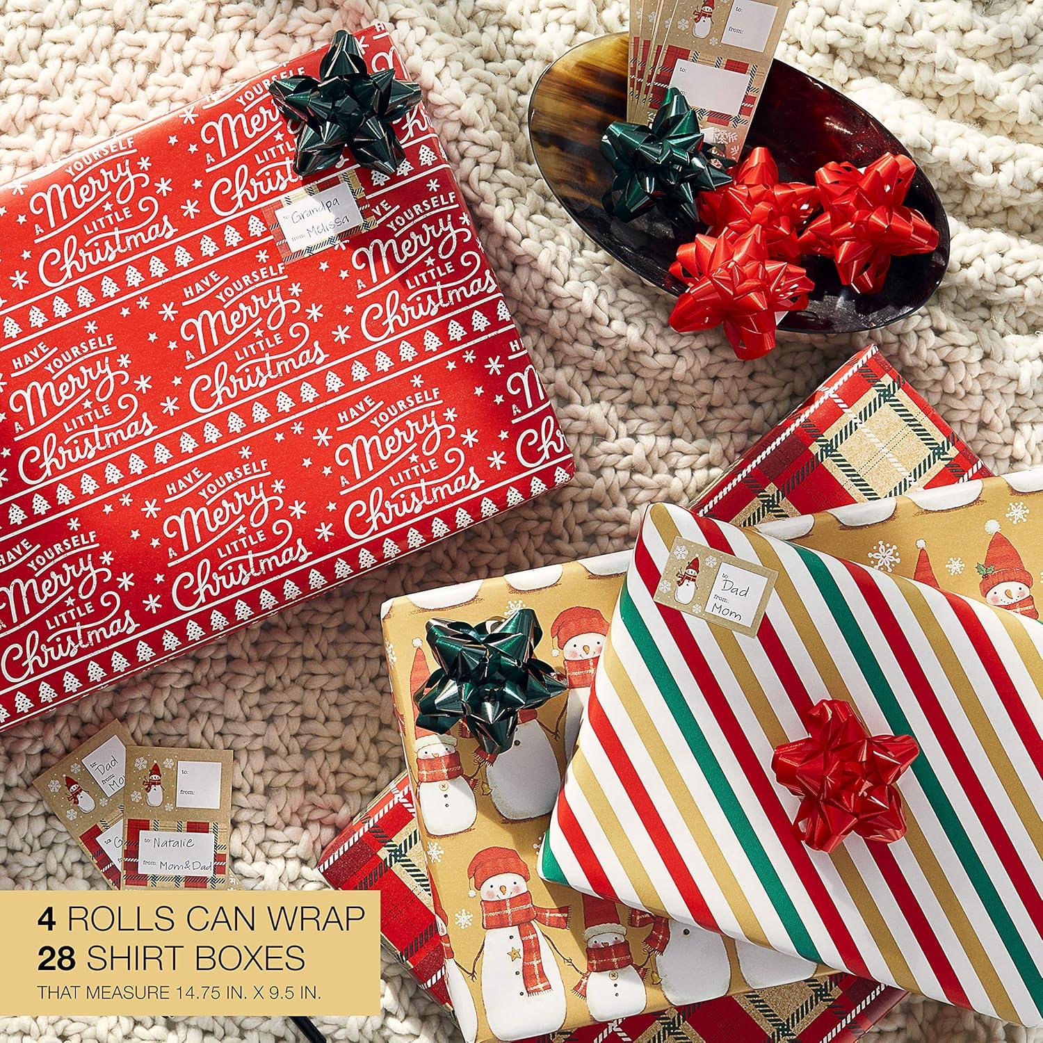 imageAmerican Greetings Christmas Wrapping Paper Set Red and Tan Brown Holiday Gift Wrap 120 sq ft 4 rolls30 in x 12 ft 7 Adhesive Bows 30 Gift Tag Stickers Plaid Stripes and SnowmenBrown Red White Green