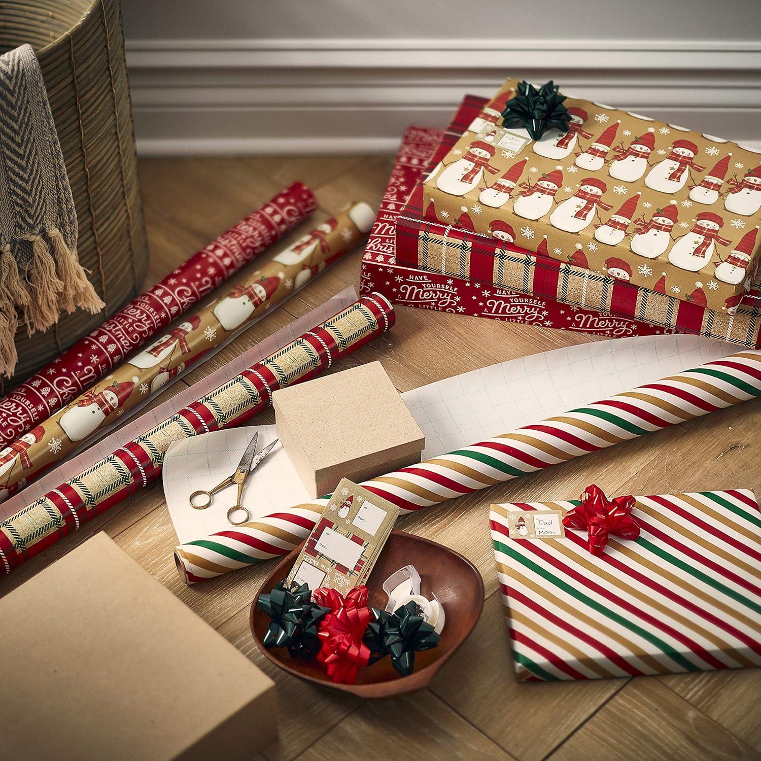 imageAmerican Greetings Christmas Wrapping Paper Set Red and Tan Brown Holiday Gift Wrap 120 sq ft 4 rolls30 in x 12 ft 7 Adhesive Bows 30 Gift Tag Stickers Plaid Stripes and SnowmenBrown Red White Green