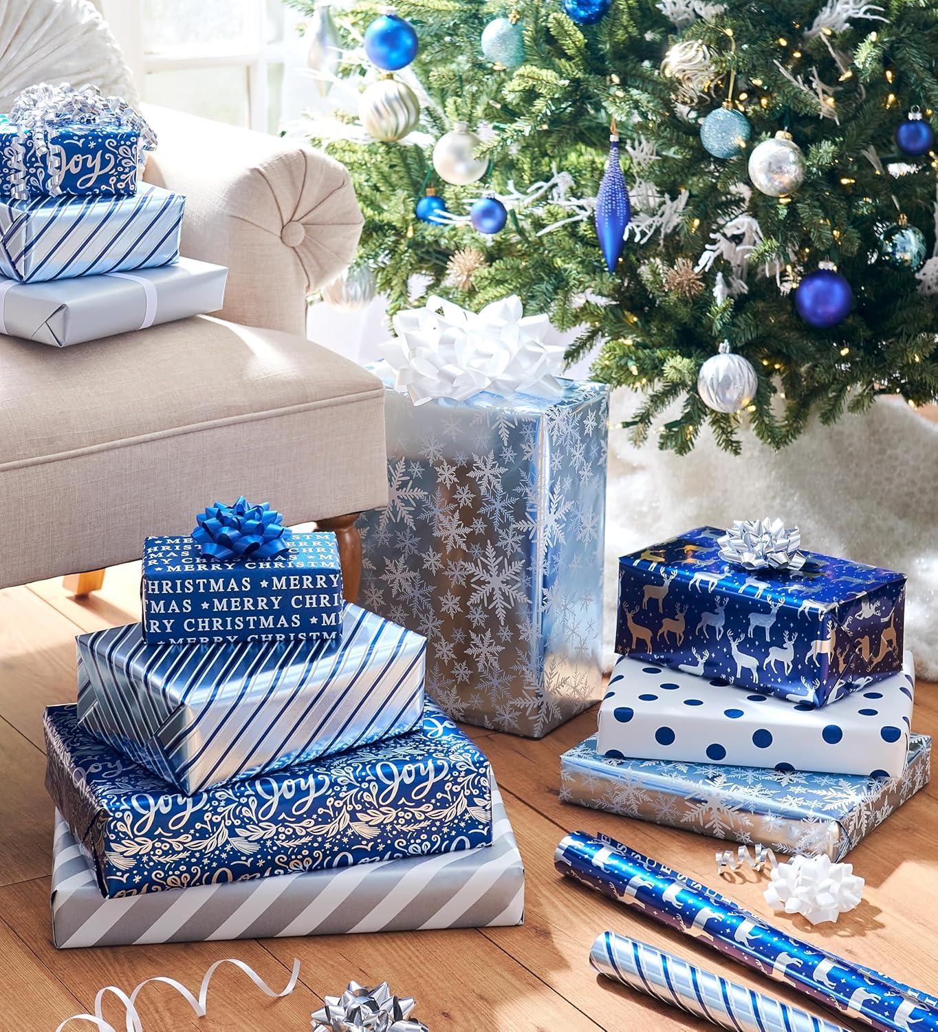 imageAmerican Greetings Foil Pink Christmas Wrapping Paper Rolls Metallic Gold and Pink Holiday Gift Wrap 80 sq ft 4 Rolls30 in x 8 ft Reversible Snowflakes Trees Joy PeaceBlue and White Stripes