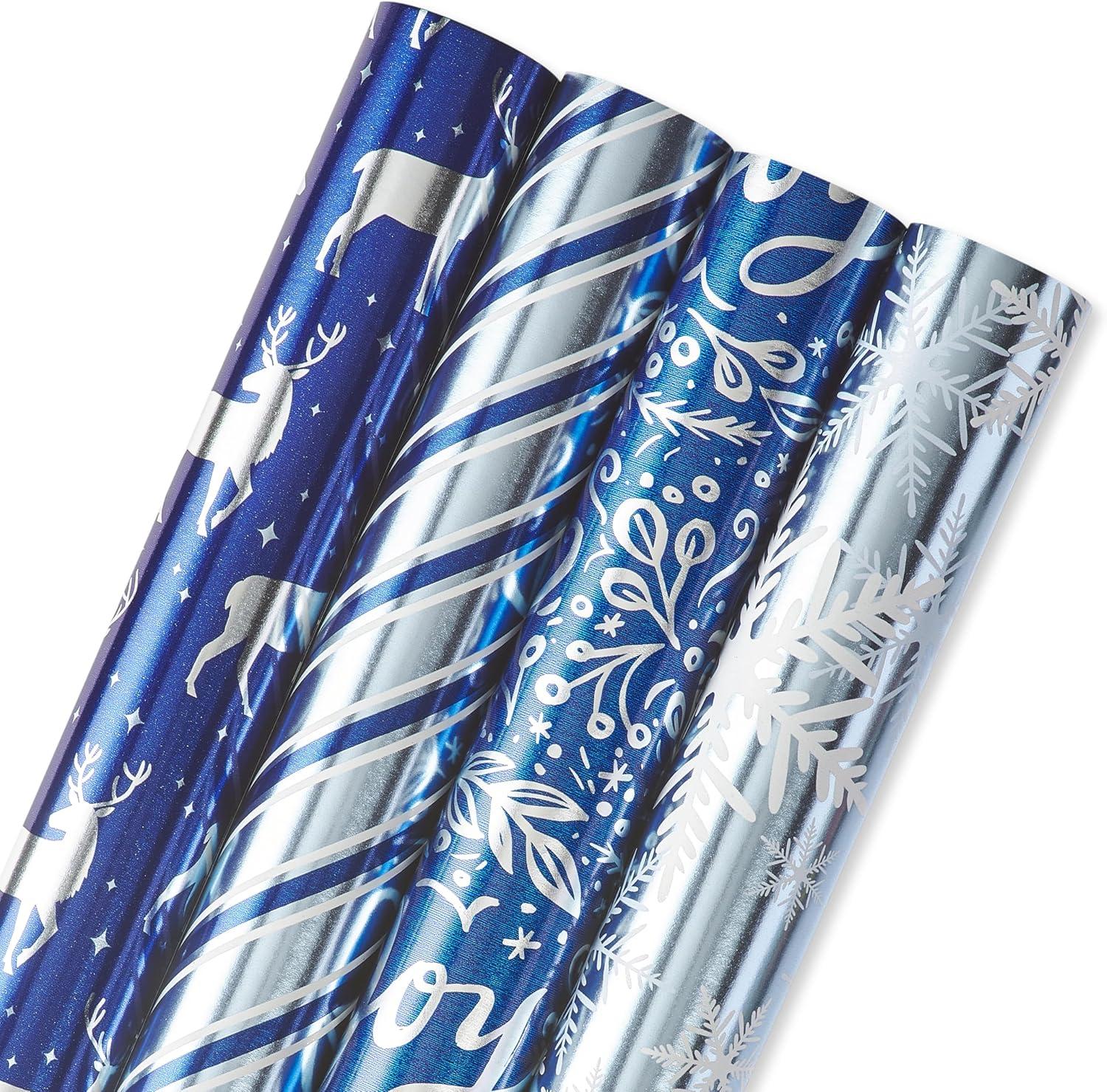 imageAmerican Greetings Foil Pink Christmas Wrapping Paper Rolls Metallic Gold and Pink Holiday Gift Wrap 80 sq ft 4 Rolls30 in x 8 ft Reversible Snowflakes Trees Joy PeaceBlue and White Stripes